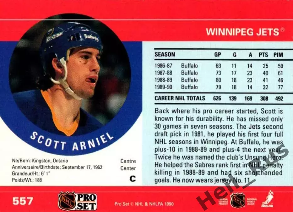 Хоккей. Карточка Scott Arniel/Скотт Арниел Winnipeg Jets/Виннипег Джетс НХЛ/NHL 1
