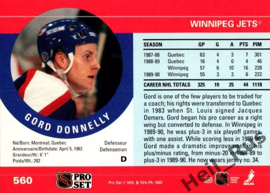 Хоккей Карточка Gord Donnelly/Горд Доннелли Winnipeg Jets/Виннипег Джетс НХЛ/NHL 1
