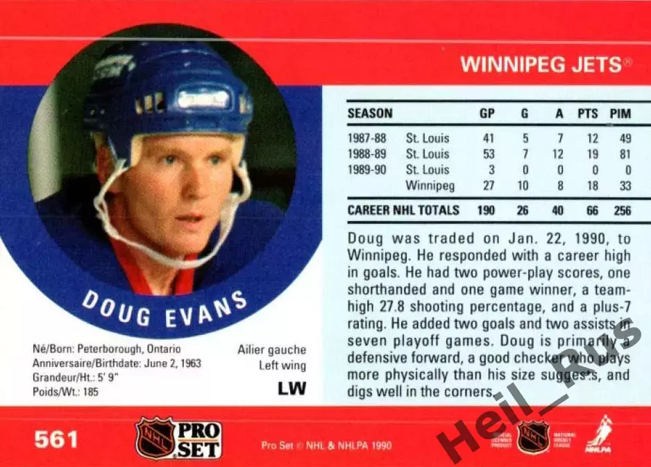 Хоккей. Карточка Doug Evans / Дуг Эванс (Winnipeg Jets / Виннипег Джетс) НХЛ/NHL 1