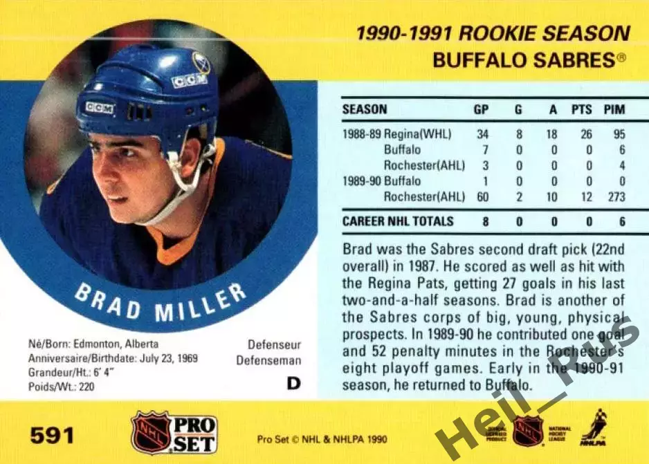 Хоккей. Карточка Brad Miller/Брэд Миллер (Buffalo Sabres/Баффало Сейбрз) НХЛ/NHL 1