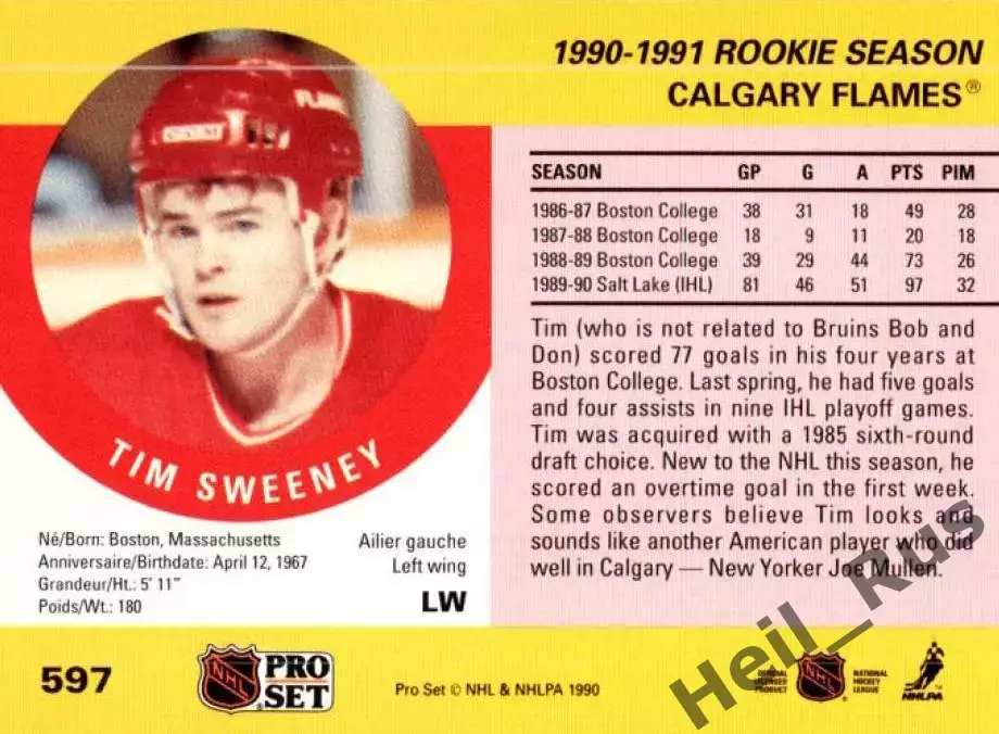 Хоккей. Карточка Tim Sweeney/Тим Суини (Calgary Flames/Калгари Флэймз) НХЛ/NHL 1