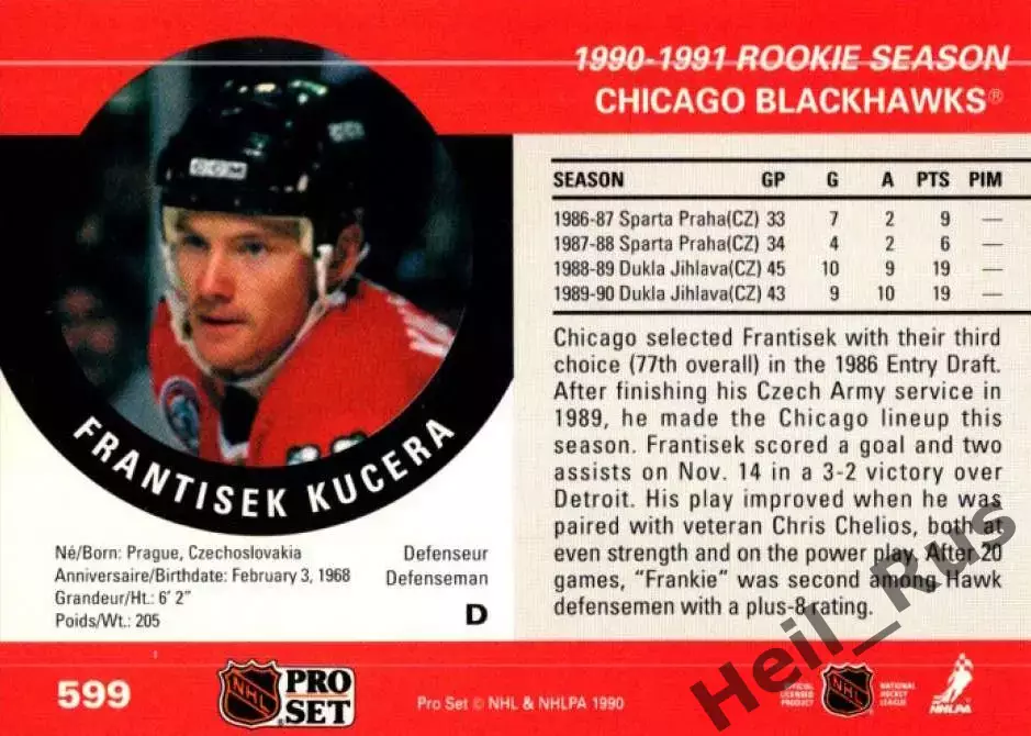 Карточка Kucera / Франтишек Кучера (Chicago Blackhawks/Чикаго Блэкхокс) NHL/НХЛ 1