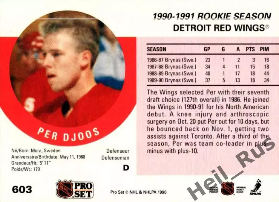 Хоккей. Карточка Per Djoos/Пер Юус (Detroit Red Wings/Детройт Ред Уингз) НХЛ/NHL 1