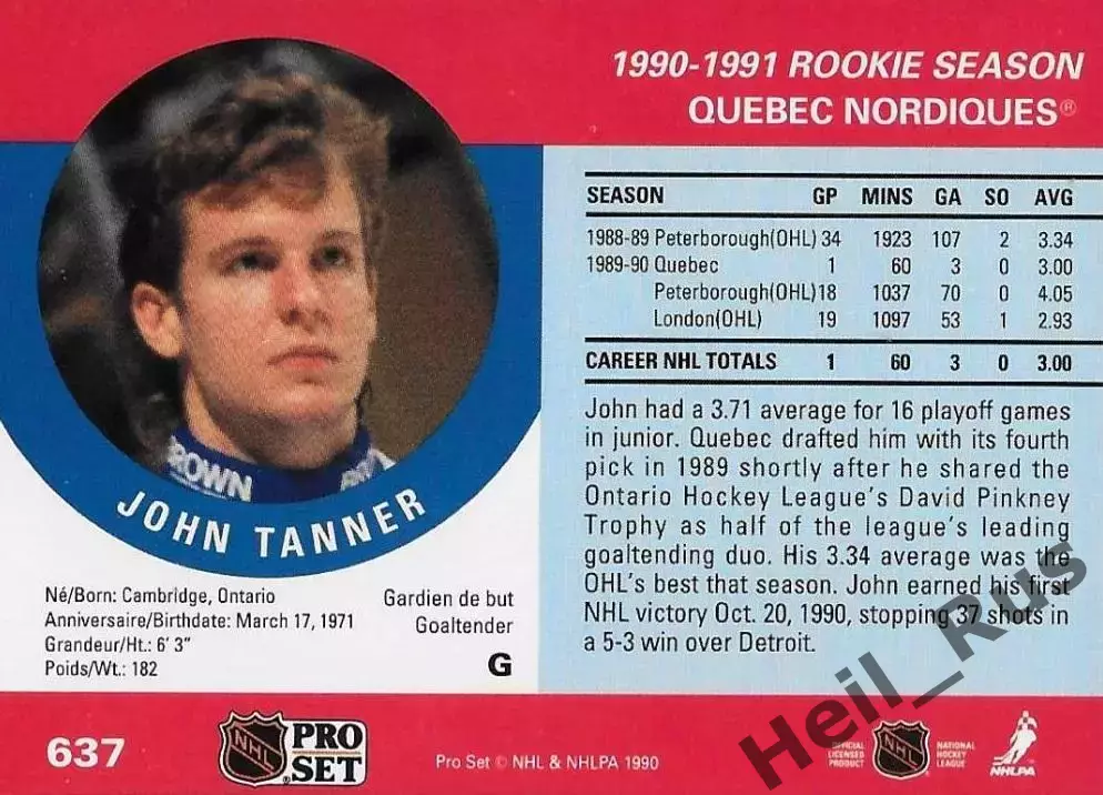 Хоккей. Карточка John Tanner/Джон Таннер Quebec Nordiques/Квебек Нордикс НХЛ/NHL 1