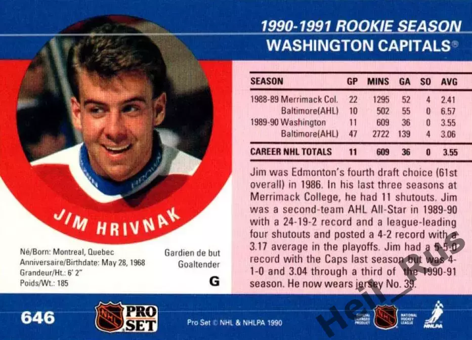 Карточка Jim Hrivnak/Джим Хривнак Washington Capitals/Вашингтон Кэпиталз НХЛ/NHL 1