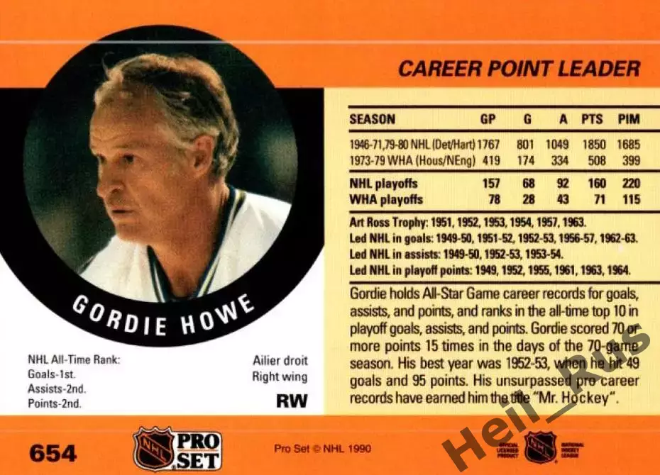 Хоккей. Карточка Gordie Howe/Горди Хоу Hartford Whalers/Хартфорд Уэйлерс НХЛ/NHL 1
