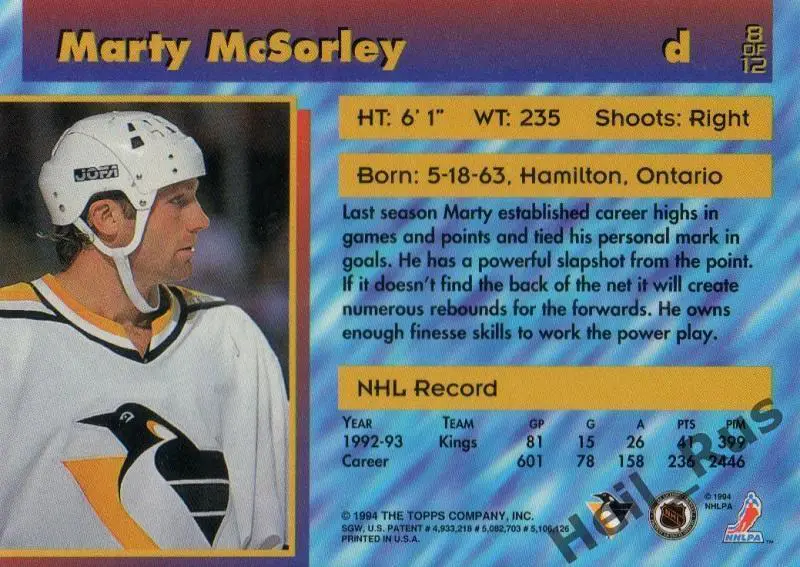 Карточка Marty McSorley/Марти Максорли (Pittsburgh Penguins/Питтсбург) НХЛ/NHL 1