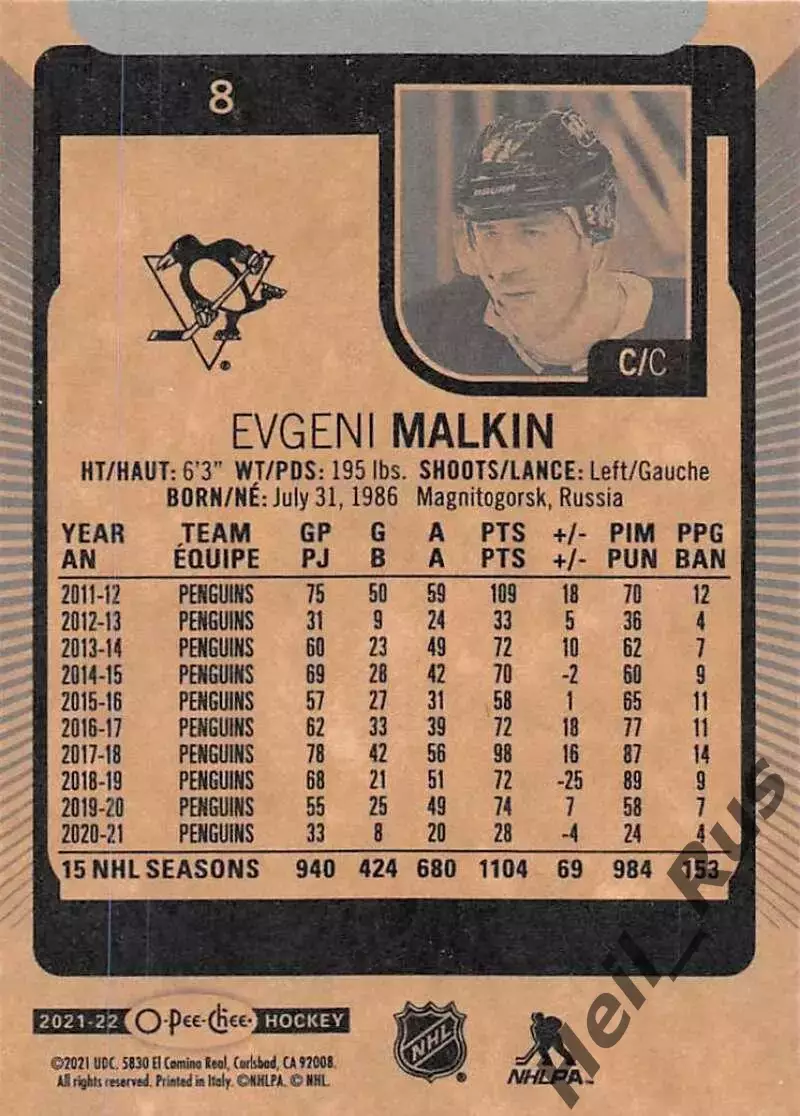 Карточка Евгений Малкин (Питтсбург Пингвинз, Металлург Магнитогорск) NHL/НХЛ КХЛ 1