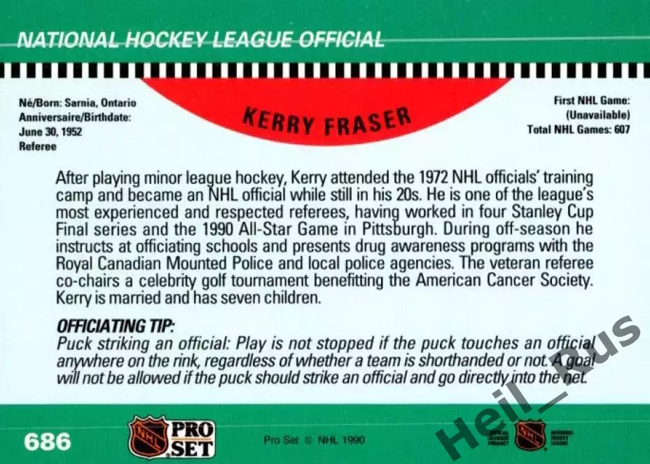 Хоккей. Карточка Referee/Linesman/Судья Kerry Fraser/Керри Фрейзер НХЛ/NHL 1