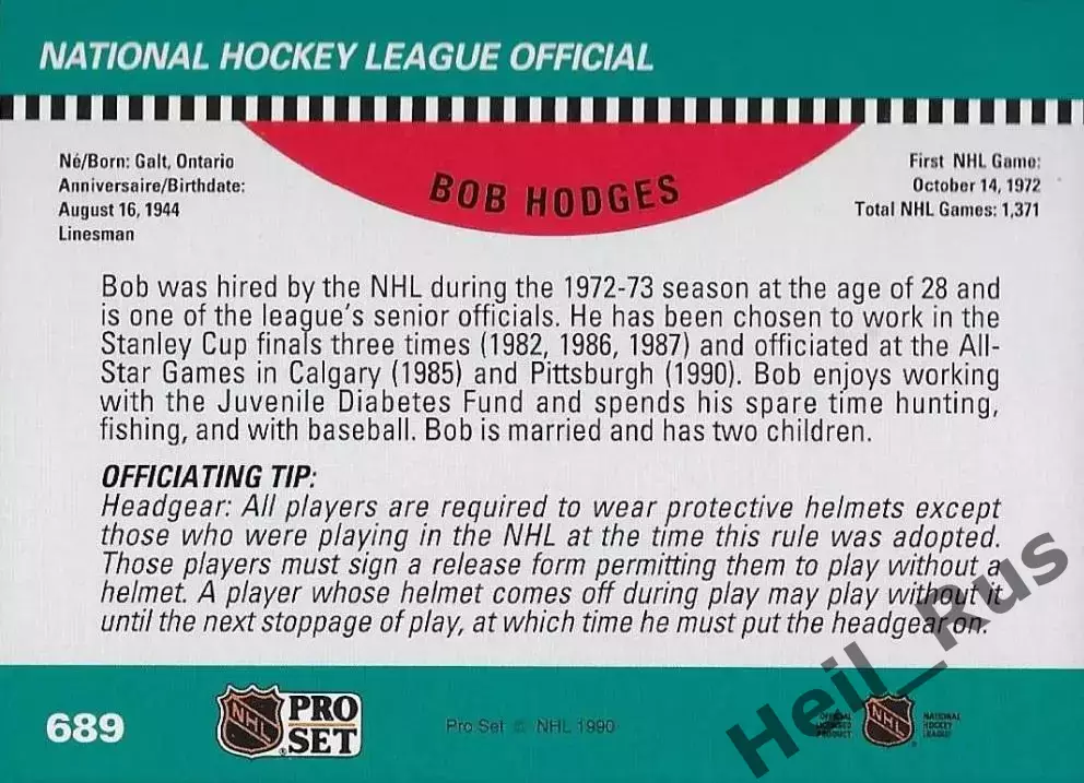 Хоккей. Карточка Referee/Linesman/Судья Bob Hodges/Боб Ходжес НХЛ/NHL 1