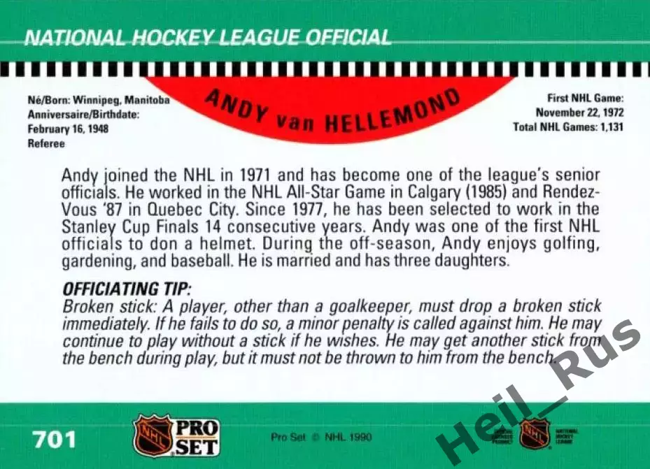 Карточка Referee/Linesman/Судья Andy van Hellemond/Энди Ван Хеллемонд НХЛ/NHL 1