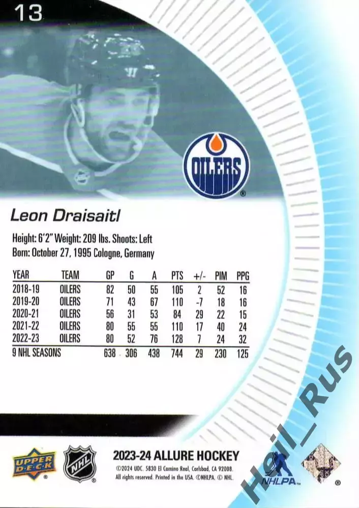 Карточка Leon Draisaitl/Леон Драйзайтль Edmonton Oilers/Эдмонтон Ойлерз; НХЛ/NHL 1
