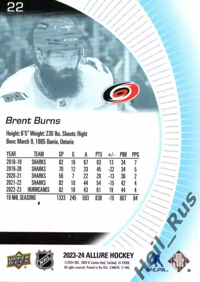 Карточка Brent Burns/Брент Бернс Carolina Hurricanes/Каролина Харрикейнз НХЛ/NHL 1