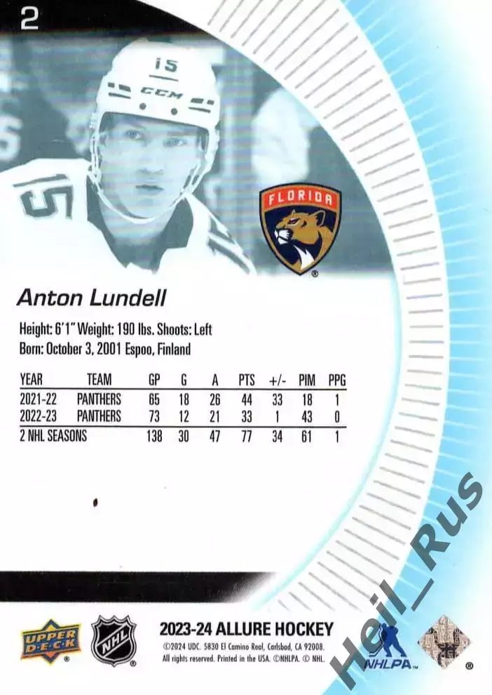 Карточка Anton Lundell/Антон Лунделль (Florida Panthers/Флорида Пантерз) НХЛ-NHL 1