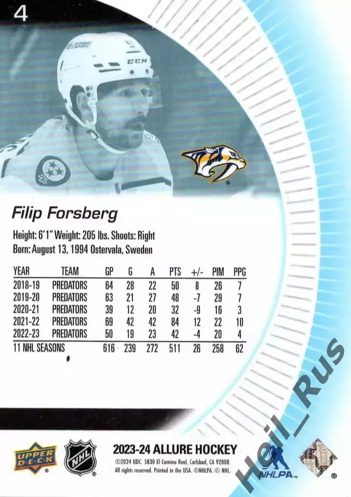 Карточка Filip Forsberg/Филип Форсберг (Nashville Predators/Нэшвилл) НХЛ/NHL 1