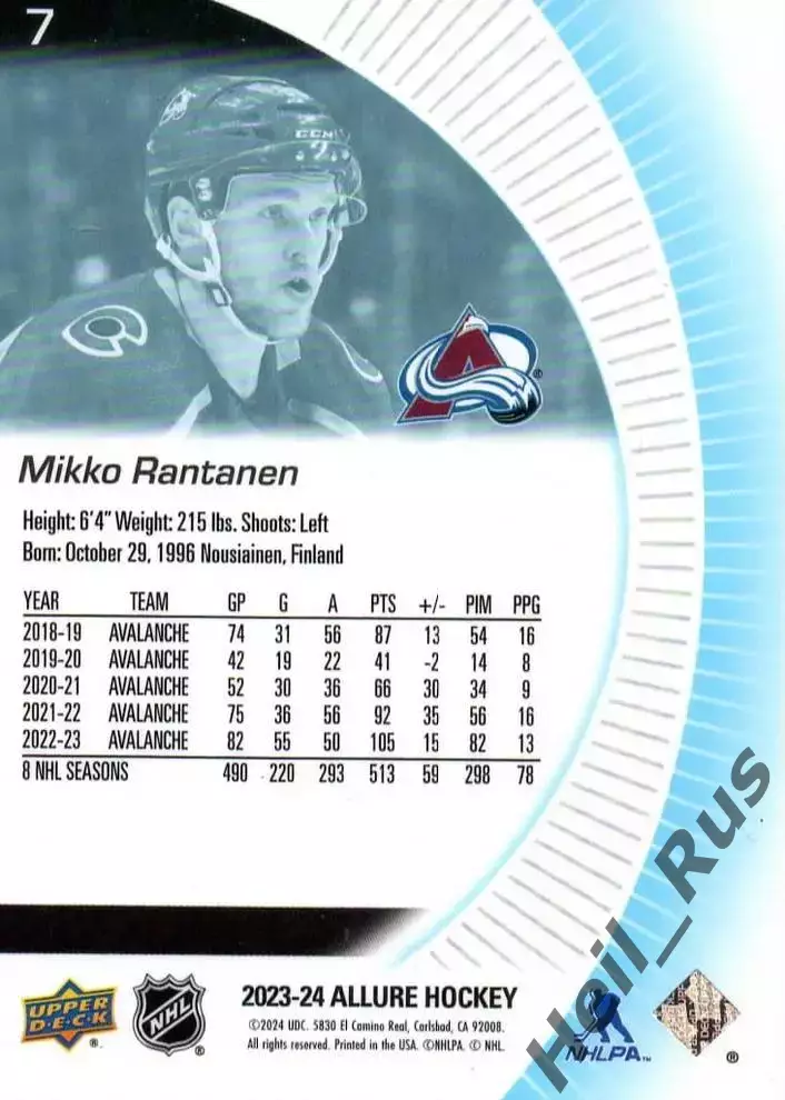 Карточка Rantanen/Микко Рантанен (Colorado Avalanche/Колорадо Эвеланш) NHL/НХЛ 1