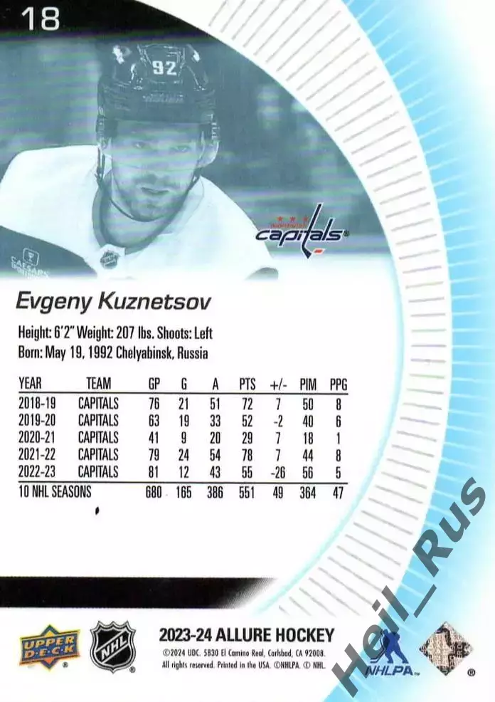 Карточка Евгений Кузнецов Вашингтон Кэпиталз, СКА/Салават Юлаев/Трактор НХЛ/КХЛ 1
