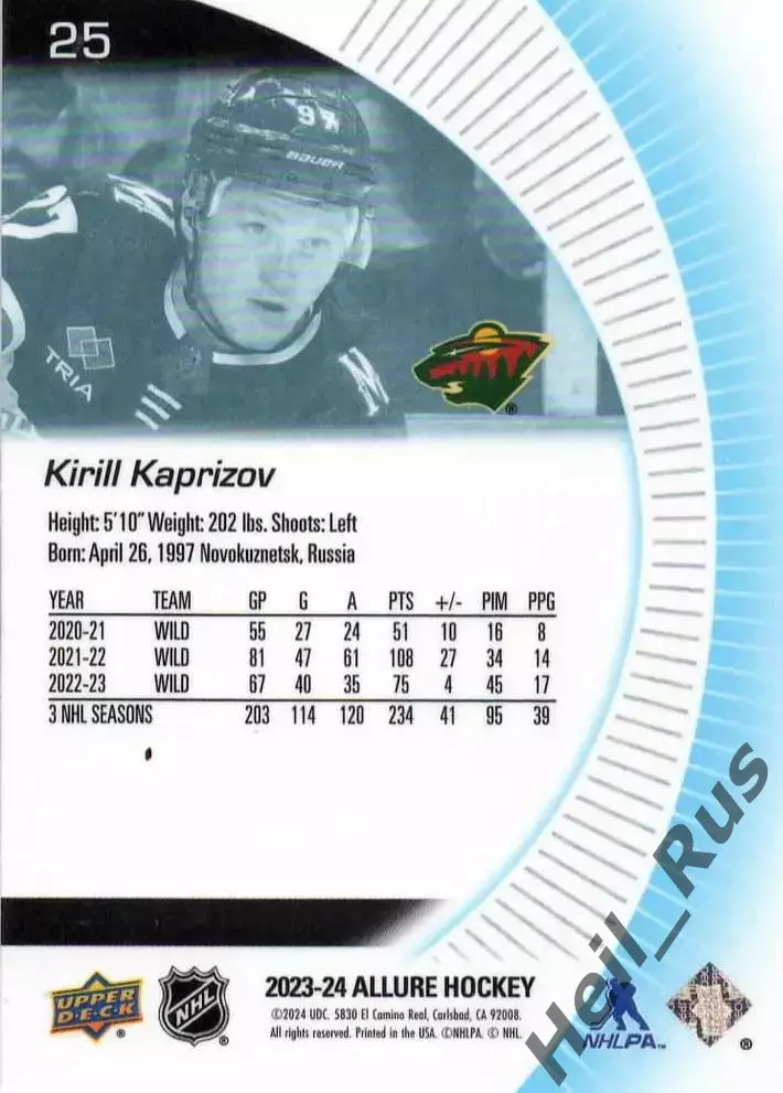 Карточка Кирилл Капризов Minnesota Wild/Миннесота ЦСКА/Салават Юлаев NHL/НХЛ/КХЛ 1