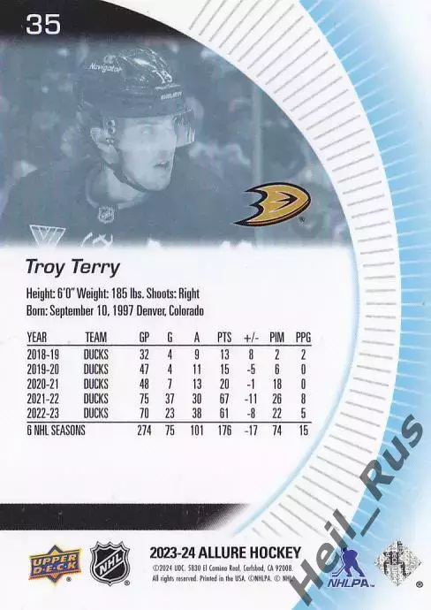 Хоккей Карточка Troy Terry/Трой Терри Anaheim Ducks/Анахайм Дакс НХЛ/NHL 2023-24 1