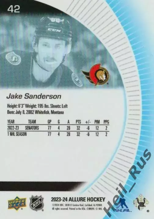 Карточка Jake Sanderson/Джейк Сэндерсон Ottawa Senators/Оттава Сенаторз, НХЛ/NHL 1