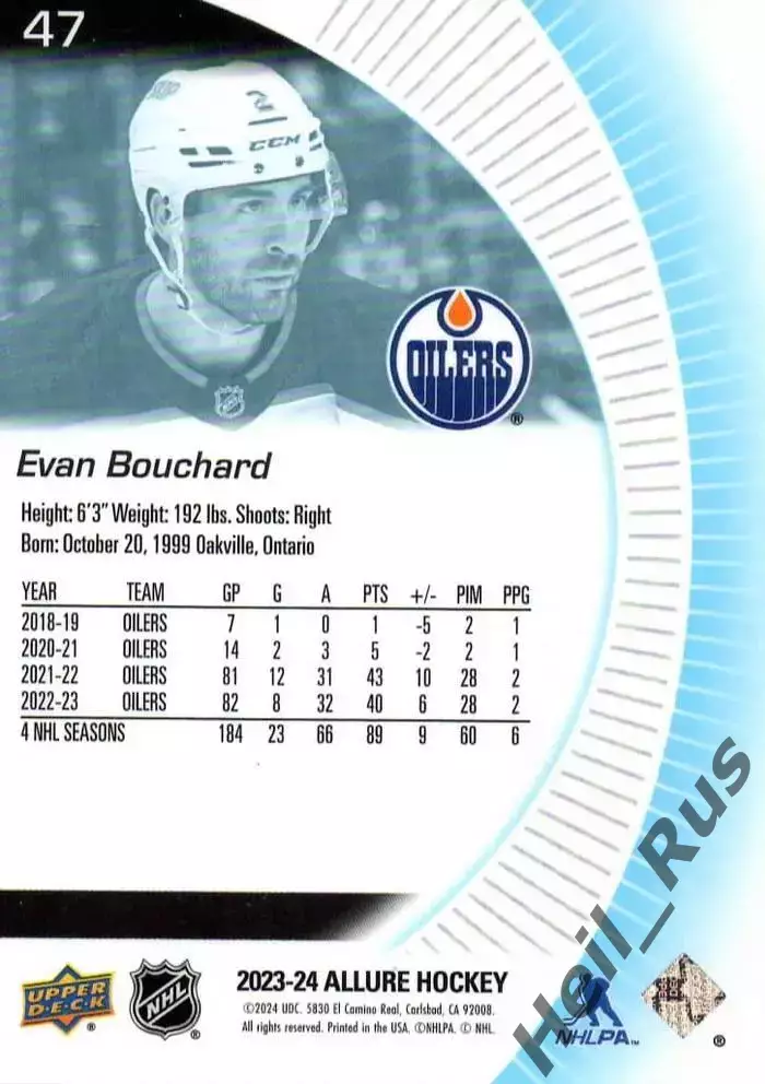 Хоккей Карточка Evan Bouchard/Эван Бушар Edmonton Oilers/Эдмонтон Ойлерз NHL НХЛ 1
