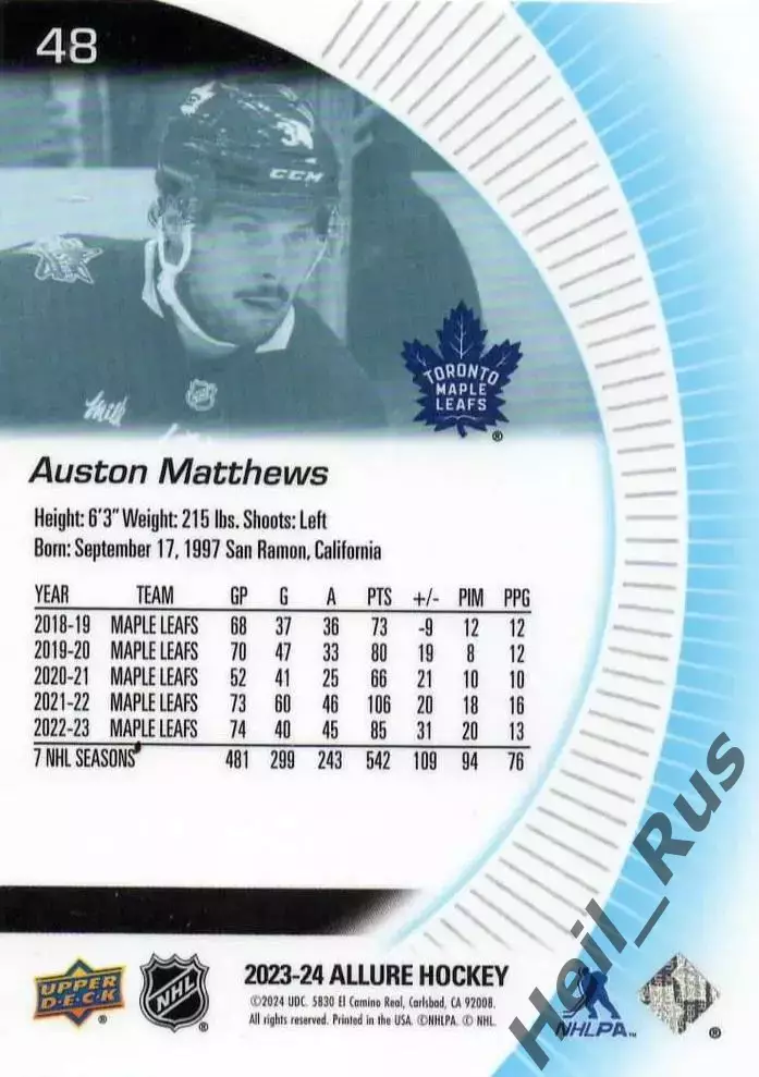 Карточка Auston Matthews/Остон Мэттьюс (Toronto Maple Leafs / Торонто) NHL/НХЛ 1