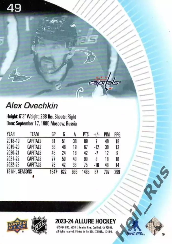 Хоккей. Карточка Александр Овечкин Вашингтон Кэпиталз/Динамо Москва НХЛ/NHL/КХЛ 1
