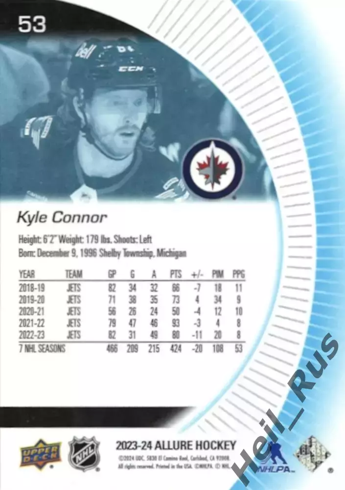 Хоккей Карточка Kyle Connor/Кайл Коннор (Winnipeg Jets/Виннипег Джетс) НХЛ / NHL 1