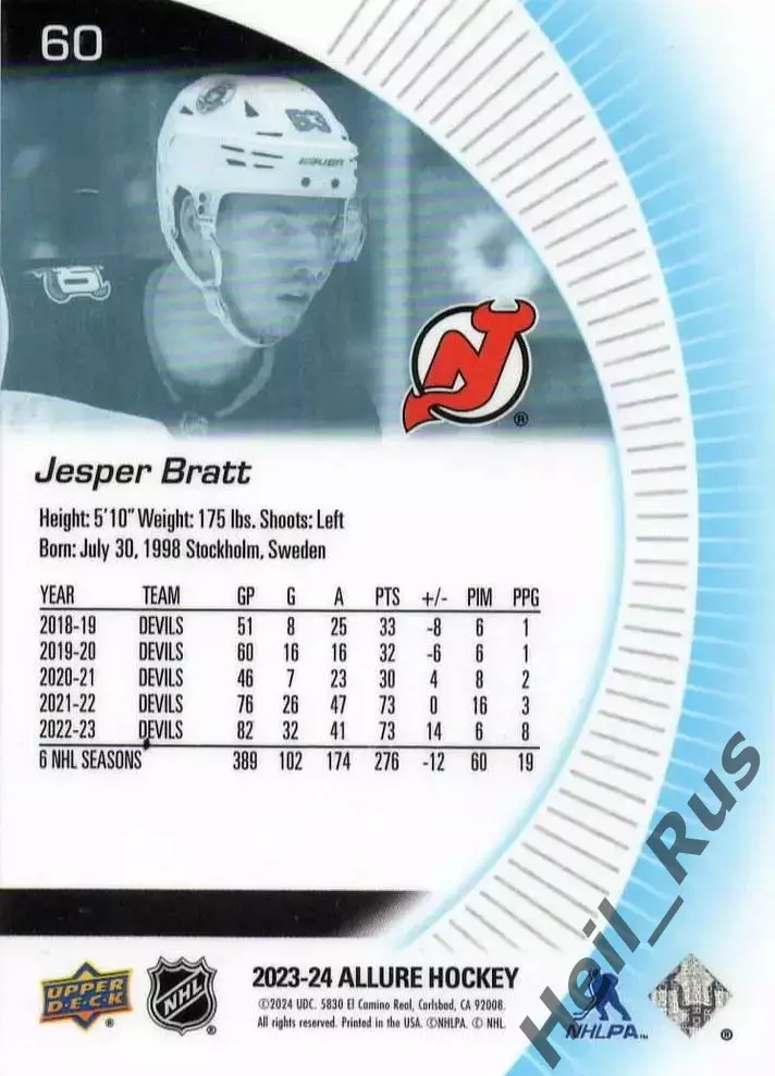 Карточка Jesper Bratt/Йеспер Братт New Jersey Devils/Нью-Джерси Девилз NHL/НХЛ 1