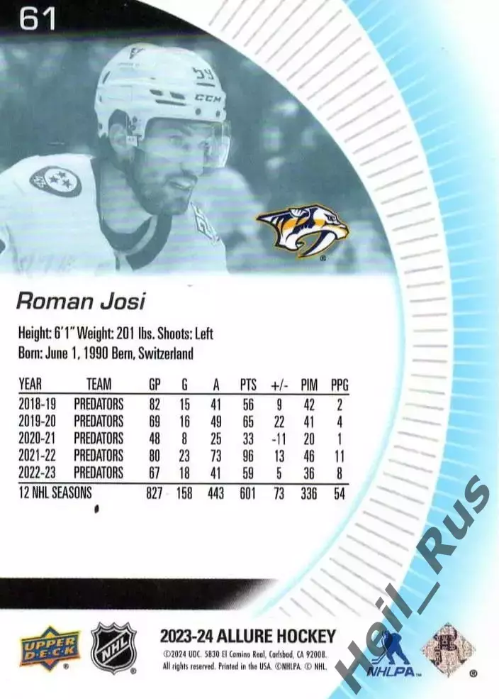 Карточка Roman Josi / Роман Йоси (Nashville Predators/Нэшвилл Предаторз) НХЛ/NHL 1