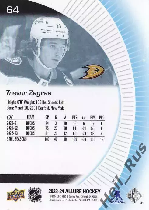 Хоккей Карточка Trevor Zegras / Тревор Зеграс Anaheim Ducks/Анахайм Дакс НХЛ/NHL 1