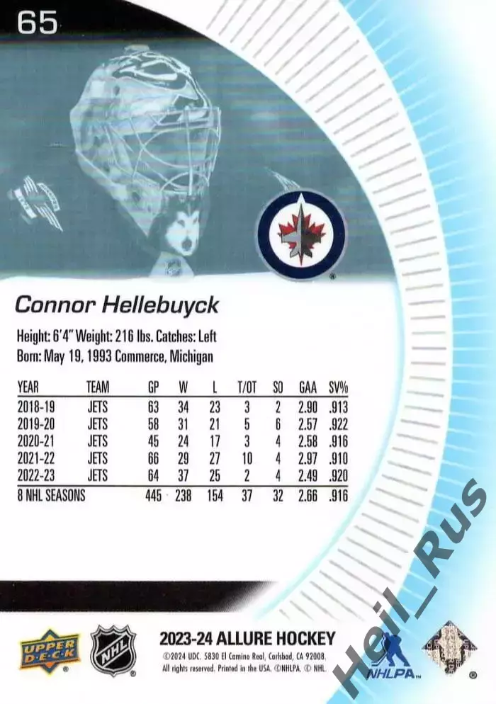 Карточка Connor Hellebuyck/Коннор Хеллебак Winnipeg Jets/Виннипег Джетс, НХЛ/NHL 1