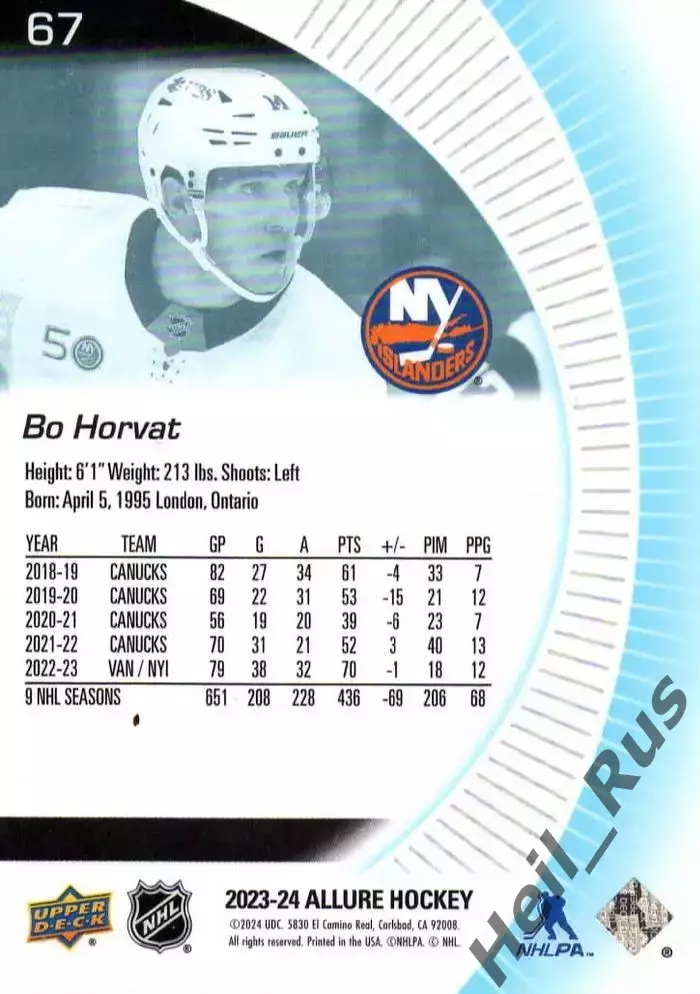 Карточка Bo Horvat / Бо Хорват (New York Islanders/Нью-Йорк Айлендерс) НХЛ/NHL 1