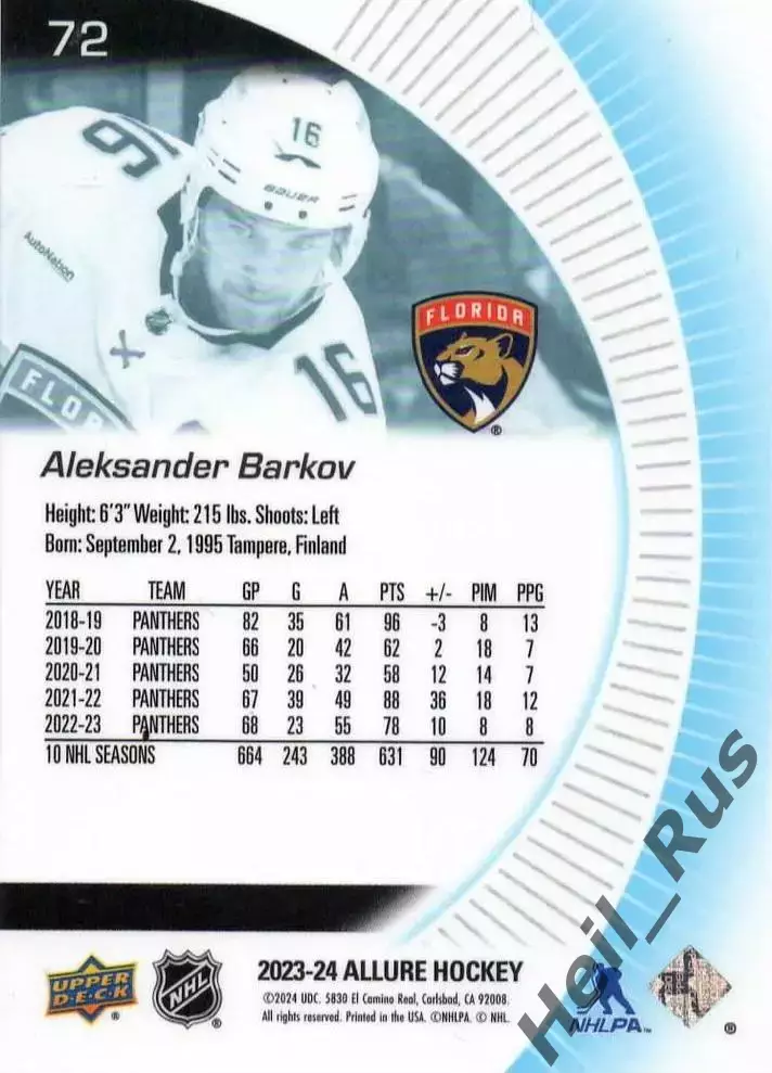 Хоккей Карточка Barkov/Александр Барков Florida Panthers/Флорида Пантерз NHL-НХЛ 1