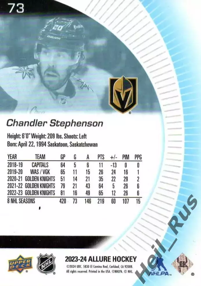 Хоккей. Карточка Stephenson/Чендлер Стивенсон Vegas Golden Knights/Вегас НХЛ-NHL 1