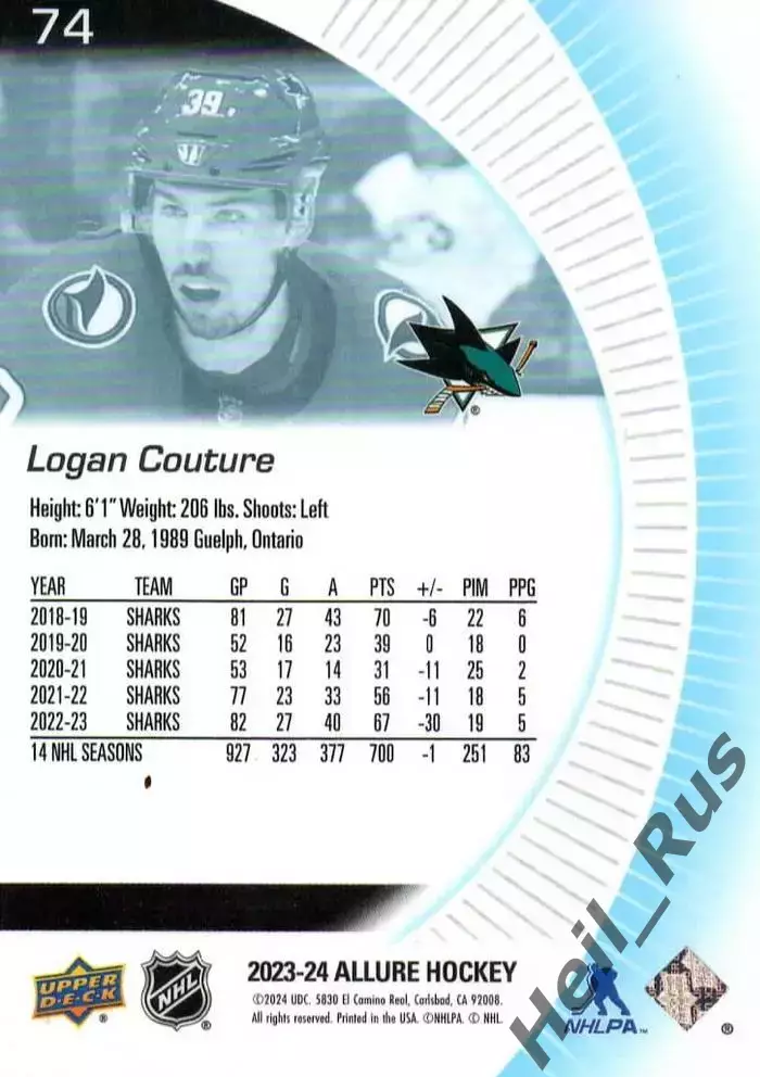 Хоккей Карточка Logan Couture/Логан Кутюр San Jose Sharks/Сан Хосе Шаркс NHL/НХЛ 1