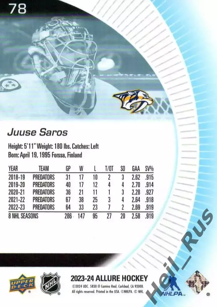 Карточка Juuse Saros/Юусе Сарос (Nashville Predators/Нэшвилл Предаторз) НХЛ/NHL 1