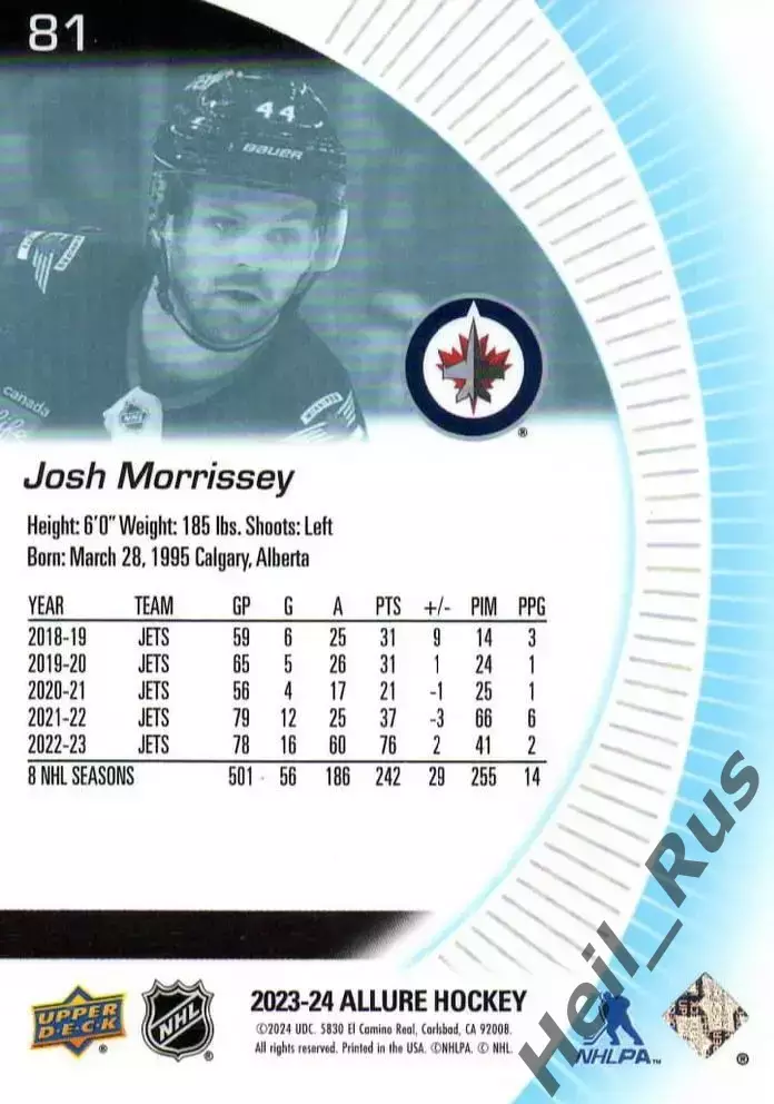 Карточка Josh Morrissey / Джош Моррисси (Winnipeg Jets/Виннипег Джетс) НХЛ/NHL 1