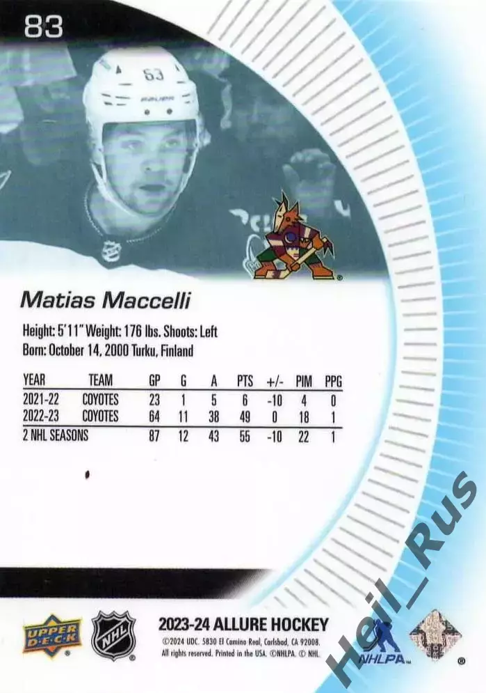 Карточка Matias Maccelli/Матиас Маччелли Arizona Coyotes/Аризона Койотис НХЛ NHL 1