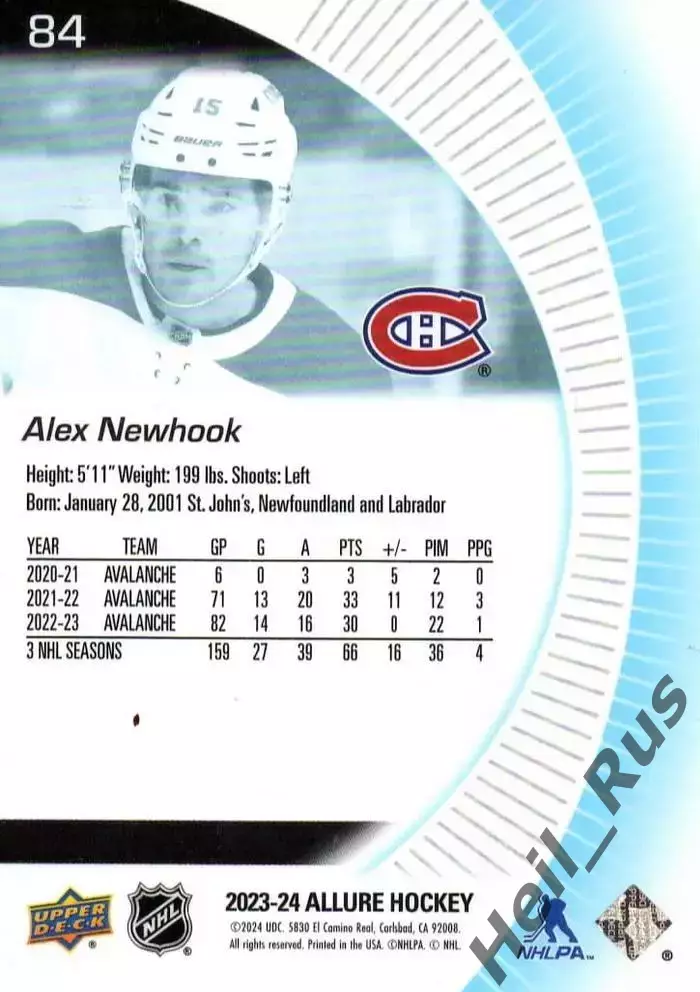 Карточка Alex Newhook/Алекс Ньюхук Montreal Canadiens/Монреаль Канадиенс НХЛ/NHL 1