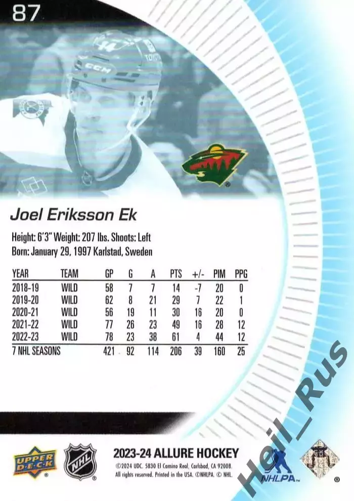 Карточка Joel Eriksson Ek / Юэль Эрикссон Эк (Minnesota Wild/Миннесота) НХЛ/NHL 1
