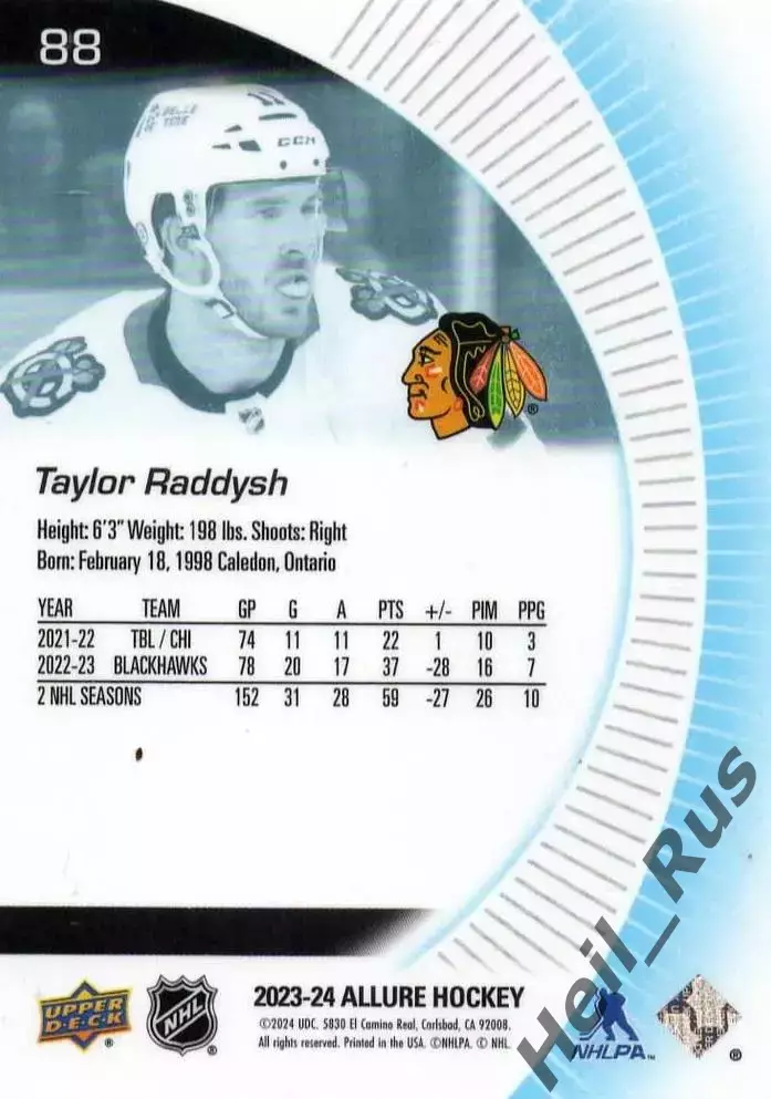 Карточка Taylor Raddysh/Тэйлор Рэддиш Chicago Blackhawks/Чикаго Блэкхокс НХЛ/NHL 1
