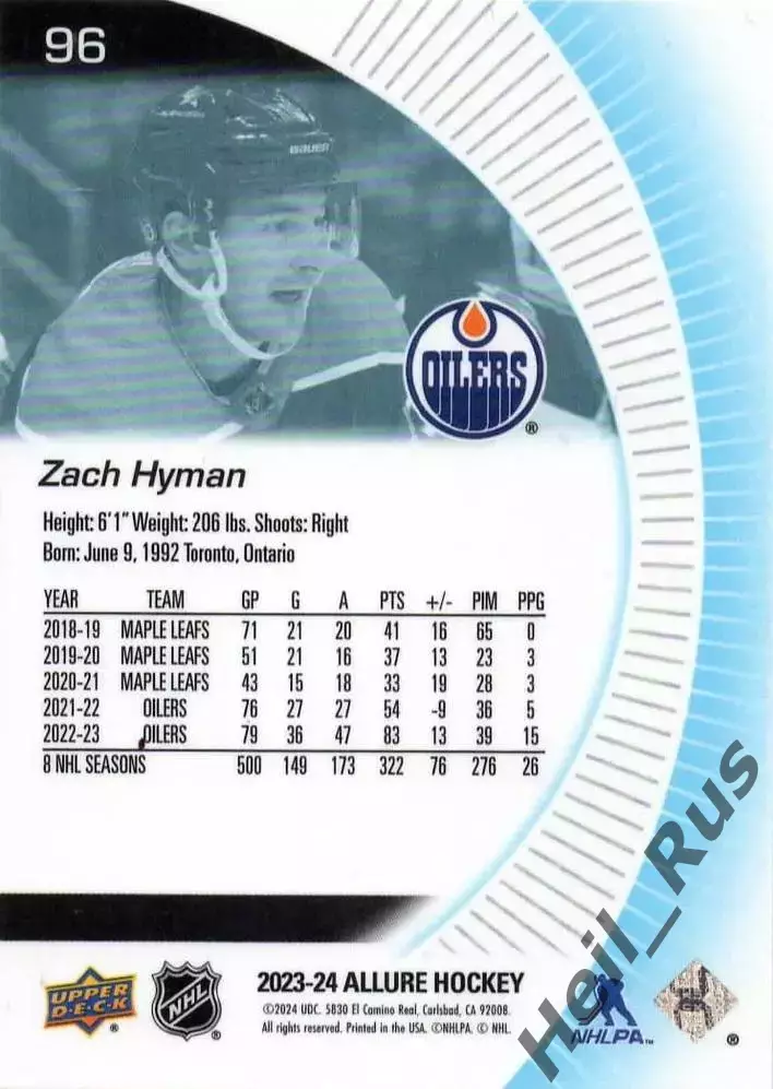 Хоккей; Карточка Zach Hyman/Зак Хайман (Edmonton Oilers/Эдмонтон Ойлерз) NHL/НХЛ 1