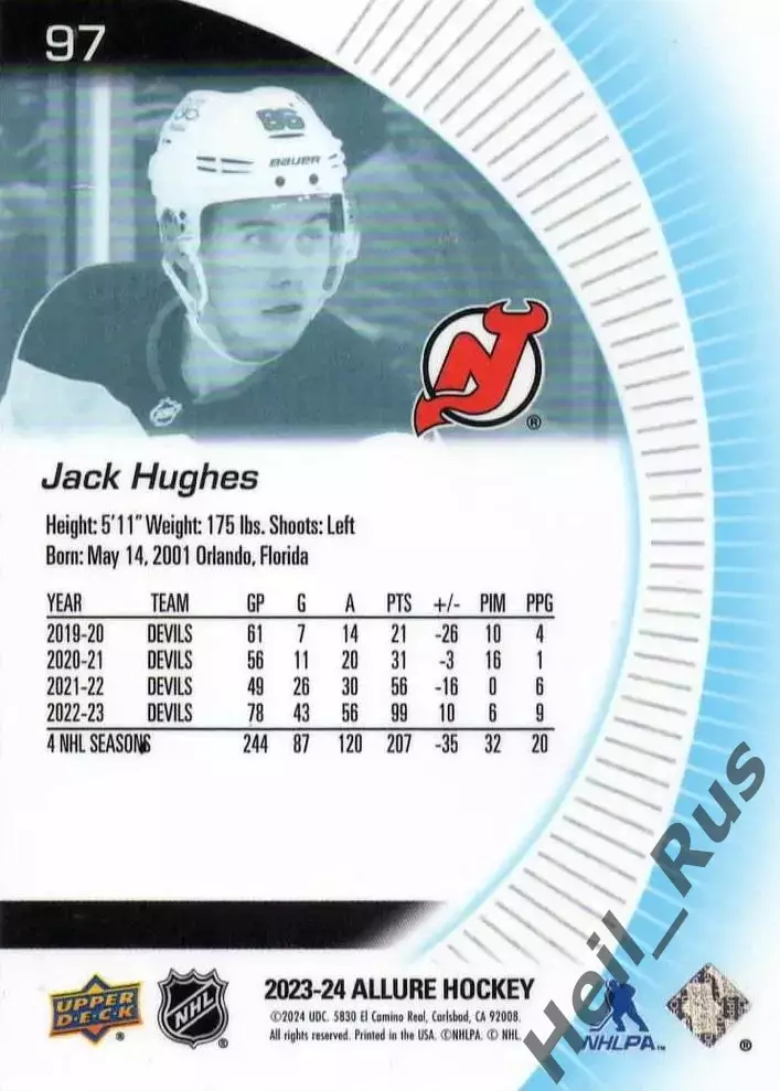 Карточка Jack Hughes/Джек Хьюз (New Jersey Devils / Нью-Джерси Девилз) НХЛ / NHL 1