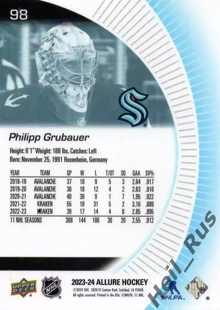 Карточка Philipp Grubauer/Филипп Грубауэр (Seattle Kraken/Сиэтл Кракен) NHL-НХЛ 1