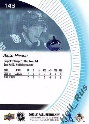 Карточка Akito Hirose/Акито Хиросе (Vancouver Canucks/Ванкувер Кэнакс) НХЛ/NHL 1