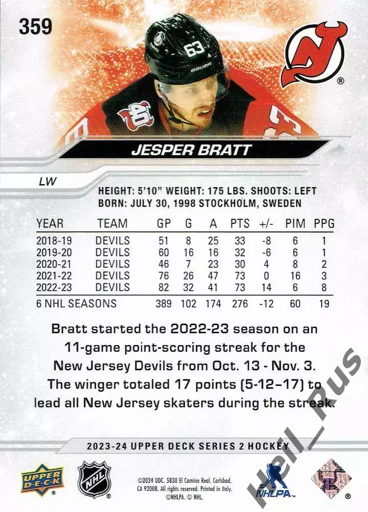 Карточка Jesper Bratt/Йеспер Братт New Jersey Devils/Нью-Джерси Девилз NHL/НХЛ 1