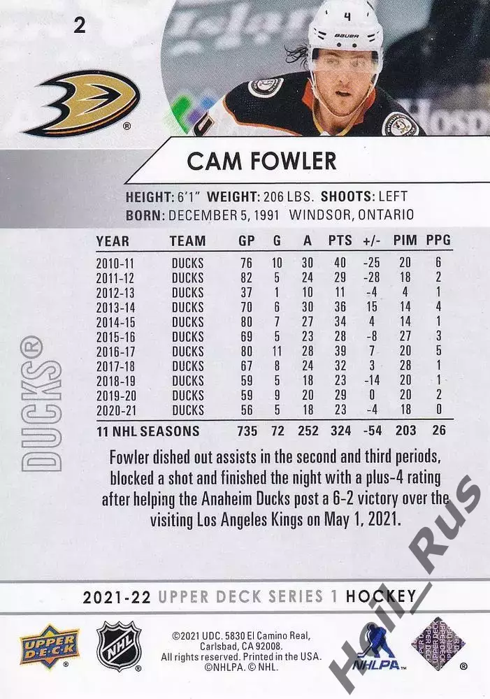 Хоккей. Карточка Cam Fowler / Кэм Фаулер (Anaheim Ducks/Анахайм Дакс) НХЛ / NHL 1