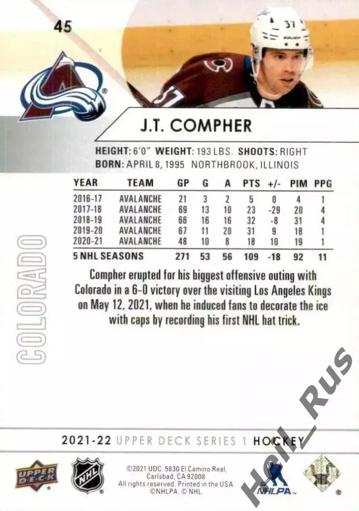 Карточка J.T. Compher/Джей Ти Комфер Colorado Avalanche/Колорадо Эвеланш НХЛ/NHL 1