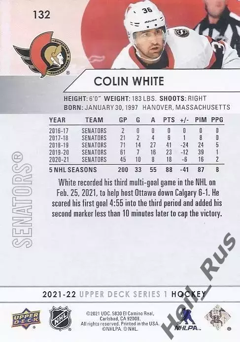 Хоккей; Карточка Colin White/Колин Уайт Ottawa Senators/Оттава Сенаторз НХЛ/NHL 1